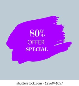 80% special offer sign over art purple brush acrylic stroke paint abstract texture background vector illustration. Acrylic paint brush stroke. Grunge ink brush stroke. Offer layout design for shop.