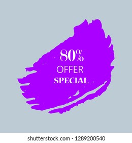 80% special offer sign over art purple brush acrylic stroke paint abstract texture background vector illustration. Acrylic paint brush stroke. Grunge ink brush stroke. Offer layout design for shop.