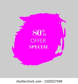 80% special offer sign over art pink brush acrylic stroke paint abstract texture background vector illustration. Acrylic paint brush stroke. Grunge ink brush stroke. Offer layout design for shop.