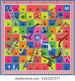 80 steps snakes and ladders board game with batik background is ready to print