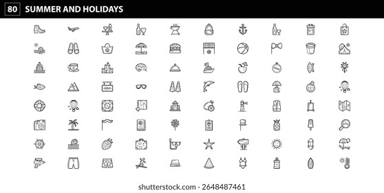 80 Summer and Holiday Icons: Essential Visuals for Beach, Travel, Recreation, and Outdoor Activities