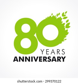 80 th anniversary numbers. 80s years old logotype. Age congrats, congratulation concept with leaves. Isolated abstract graphic design template. Herbal digits, up to 80% percent off discount. Eco label