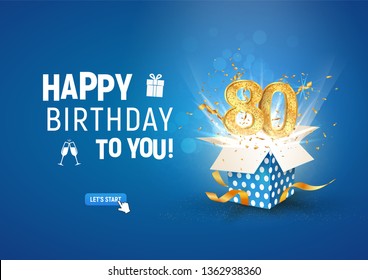 80 th years anniversary banner with open burst gift box. Template eightieth birthday celebration and abstract text on blue background vector illustration