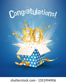 80 th years anniversary and open gift box with explosions confetti. Isolated design element. Template eighty birthday celebration on blue background vector Illustration