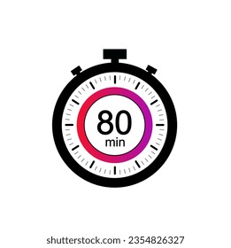 80 timer minutes symbol, 80 min timer clock icon flat design isolated on white background.