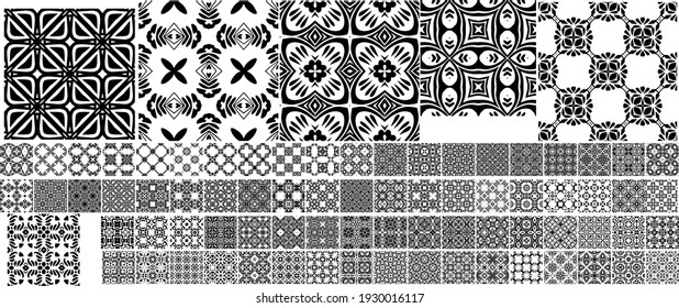 80 Patrones geométricos diferentes y universales. Se puede usar textura vectorial sin fin para envolver papel tapiz, rellenos de patrones, fondo web, texturas superficiales. Conjunto de adornos monocromos.