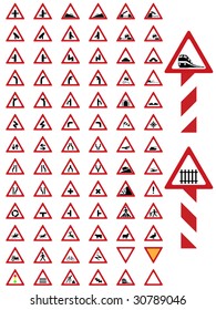 80 various illustrated traffic or road warning signs