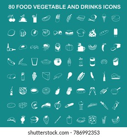 80 Vector Food, Vegetable and Drinks Icon Set On Flat UI Color Background