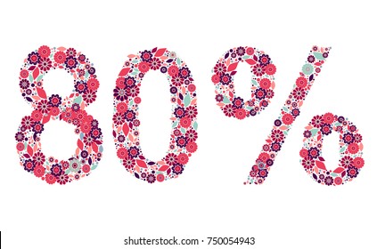 80% vector percentage number, consisting from flowers, leaves and dots on white background. Flat style elements. Perfect for sales, discount, retails. Pink, magenta, blue-green, lilac colors