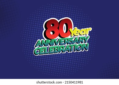 80 year anniversary celebration fun style logotype. anniversary logo with red, purple and blue color isolated on red background, vector design for celebration, invitation and greeting card - Vector