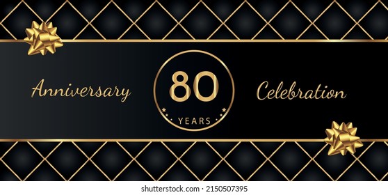 80 Year Anniversary Celebration with Gold Bow for Celebration Events, Wedding, greeting card, birthday party, and Invitation Isolated on Black Background. 80 Years Anniversary Logotype Vector