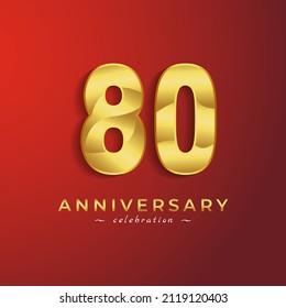 80 Year Anniversary Celebration with Golden Shiny Color for Celebration Event, Wedding, Greeting card, and Invitation Card Isolated on Red Background