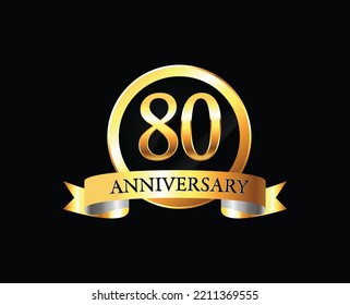 80 Year Anniversary celebration Vector Design with ring and ribbon. 80th Anniversary celebration. Gold Luxury Banner of 80th Anniversary celebration. eightieth celebration card. Vector anniversary
