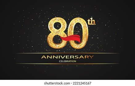 80 Year Anniversary celebration Vector Design with red ribbon and glitter. 80th Anniversary celebration. Gold Luxury Banner of 80th Anniversary. celebration card