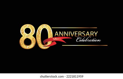 Celebración del 80 Aniversario Diseño vectorial. Celebración del 80° Aniversario. Banner de lujo de oro de la celebración del 80 aniversario con cinta roja y brillo. Celebración del fondo. Aniversario del vector