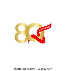 80 Year Anniversary Gold Red Ribbon Vector Template Design Illustration