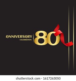 80 year anniversary logo template on black background. golden numbers with red ribbon vector