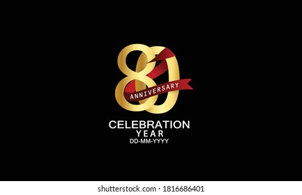 80 year anniversary red ribbon celebration logotype. anniversary logo with Red text and Spark light gold color isolated on black background, design for celebration, invitation - vector