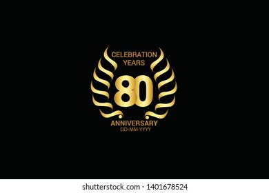 80 year minimalist logo years, jubilee, greeting card. Birthday invitation. Sign wings Line Gold space vector illustration on black background - Vector