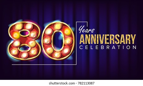 80 Years Anniversary Banner Vector. Eighty-eight, Eight Celebration. Lamp Background Digits. For Congratulation Postcards, Flyers, Gift Cards Advertising Design. Business Blue Background Illustration