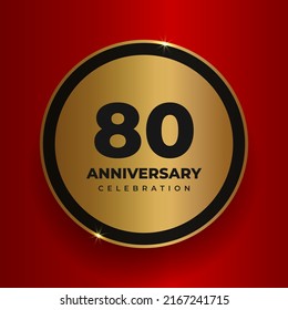 80 years anniversary celebration background. Celebrating 80th anniversary event party poster template. Vector golden circle with numbers and text on red square background. Vector illustration