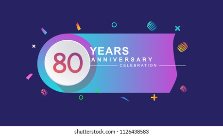80 years anniversary celebration with colorful design, circle and ribbon isolated on dark background
