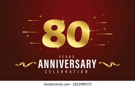80 years anniversary celebration gold number and golden ribbons with fireworks on dark background. vector illustration