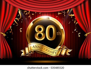 80 years anniversary celebration. with gold ribbon. Curtain background and light shine.