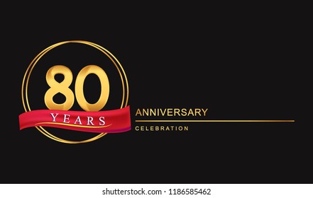 80 years anniversary celebration with golden color and ring, red ribbon for anniversary celebration