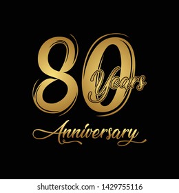 80 years Anniversary Celebration with golden text on dark background, vector template.