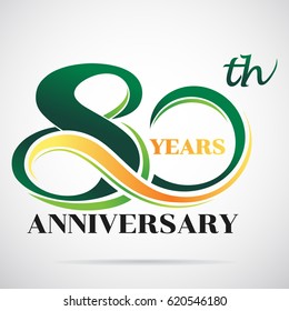 80 years anniversary celebration logo design with decorative ribbon or banner. Happy birthday design of 80th years anniversary celebration.