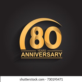 80 years anniversary celebration. Anniversary logo with swoosh and elegance golden color isolated on black background, vector design for celebration, invitation card, and greeting card