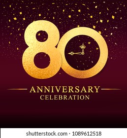 80 years anniversary. celebration logotype 80th years.Logo with golden and on dark pink background, vector design for invitation card, greeting card. 