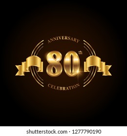 80 years anniversary celebration logotype. Golden anniversary emblem with ribbon. Design for booklet, leaflet, magazine, brochure, poster, web, invitation or greeting card. Vector illustration. 