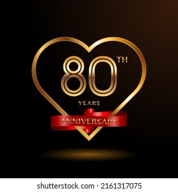 80 years anniversary celebration logotype with gold color and ribbon for booklet, leaflet, magazine, brochure poster, banner, web, invitation or greeting card. Vector illustrations.