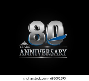 80 years anniversary celebration logotype. anniversary logo with silver color and blue wing isolated on black background, vector design for celebration, invitation card, and greeting card