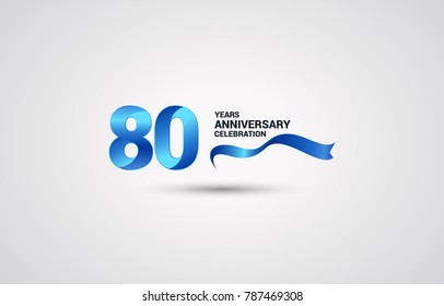 80 Years Anniversary celebration logotype colored with shiny blue, using ribbon and isolated on white background