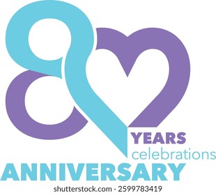 80 years Anniversary Celebration sky blue and purple heart with word Anniversary Celebration at the bottom.