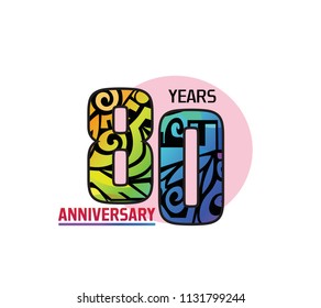 80 years anniversary with colorful tribal and pink circle. Vector illustration isolated on white background