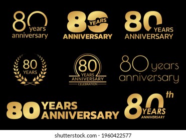80 years anniversary icon or logo set. 80th birthday celebration golden badge or label for invitation card, jubilee design. Vector illustration.