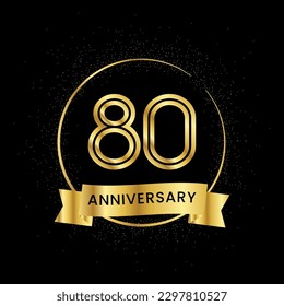 80 years anniversary inside a golden circle and glitter spread on a black background. Golden number anniversary