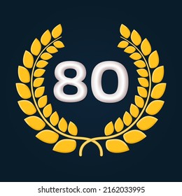 80 years anniversary laurel wreath 3d logo or icon. Jubilee, birthday badge, label design.80th celebrating emblem. Vector illustration.