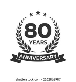 80 years anniversary laurel wreath logo or icon. Jubilee, birthday badge, label or emblem. 80th celebration design element. Vector illustration.