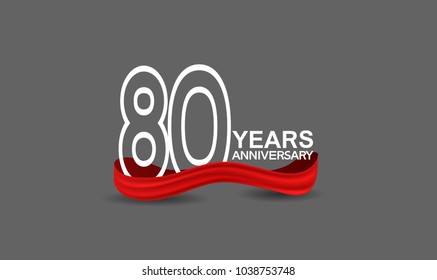 80 years anniversary line style white color with red color ribbon isolated on dark grey background