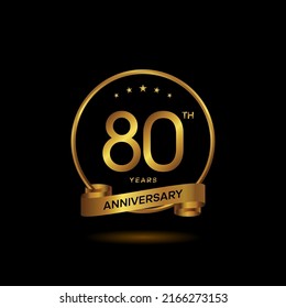 80 years anniversary logo with golden ring and ribbon for booklet, leaflet, magazine, brochure poster, banner, web, invitation or greeting card. Vector illustrations.