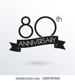 80 years anniversary logo with ribbon. 80th anniversary celebration label. Design element for birthday, invitation, wedding jubilee. Vector illustration.