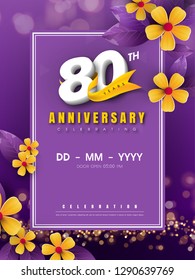 80 years anniversary logo template on golden flower and purple background. 80th celebrating white numbers with gold ribbon vector and bokeh design elements, anniversary invitation template card design