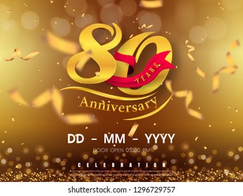 80 years anniversary logo template on gold background. 80th celebrating golden numbers with red ribbon vector and confetti isolated design elements