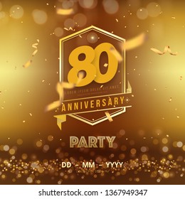 80 years anniversary logo template on gold background. 80th celebrating golden numbers with ribbon and confetti isolated design elements.