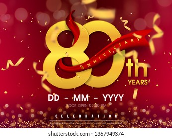 80 years anniversary logo template on gold background. 80th celebrating golden numbers with red ribbon vector and confetti isolated design elements